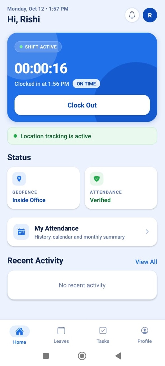 GeoWave phone app: selfie and GPS check-in with today's shift