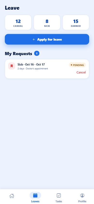 Employee's leave screen with balances and a pending request
