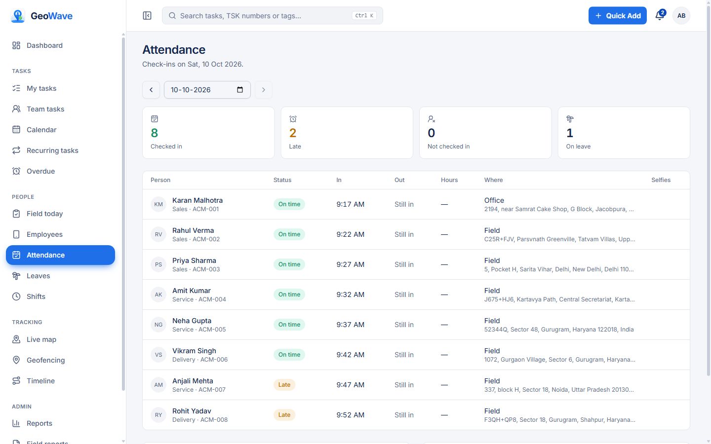 GeoWave web dashboard: Attendance register