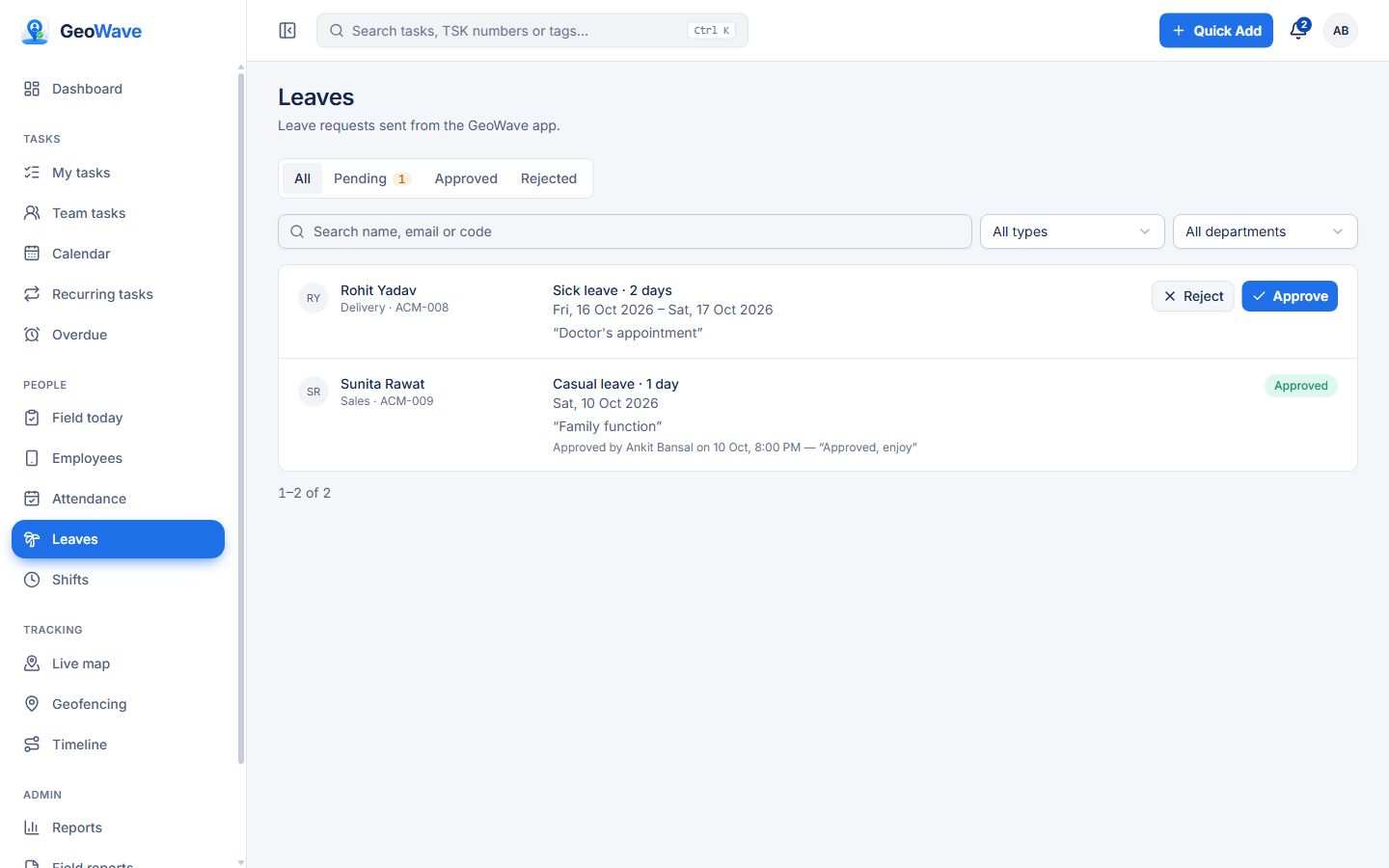 GeoWave web dashboard: Leave approvals
