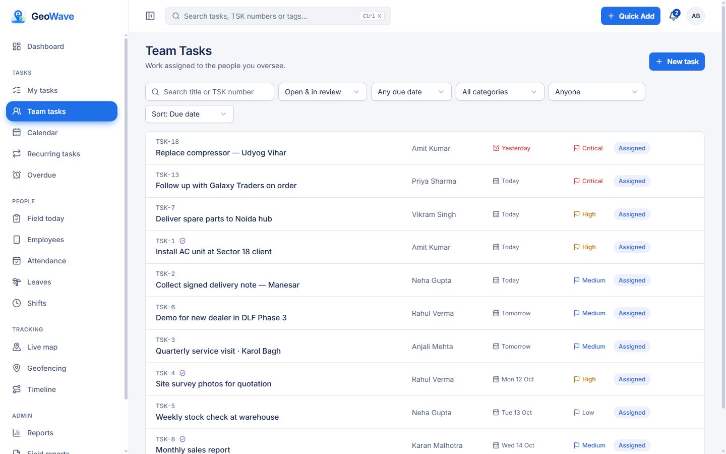 GeoWave web dashboard: Team tasks