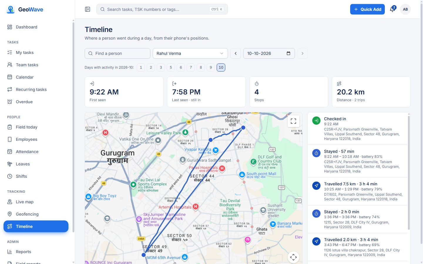 GeoWave web dashboard: Day timeline